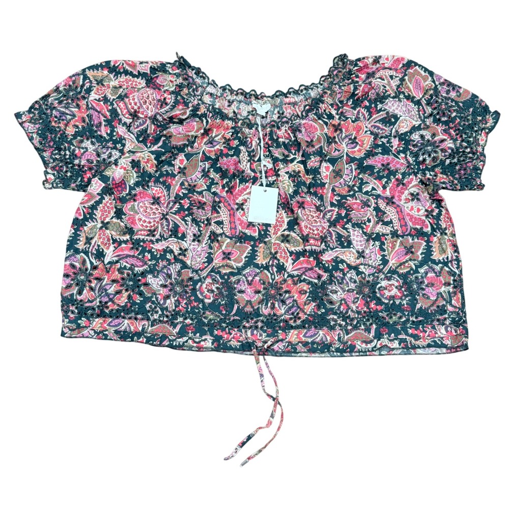 Jennifer + Grace Green Paisley Eyelet Crop Top XL Boho Cotton NWT Coastal Casual
